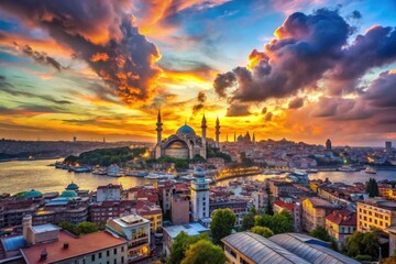 Obraz premium Breathtaking Istanbul skyline at sunset, featuring magnificent architecture beneath a vibrant, colorful sky filled with dramatic clouds, creating a stunning visual masterpiece.