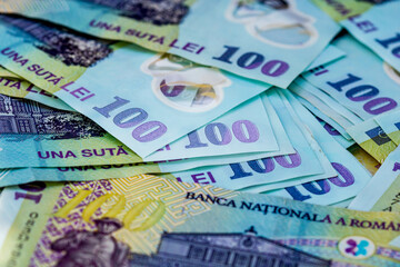 Obraz premium LEI money banknotes, detail photo of RON