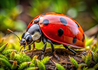Obraz premium Charming Ladybug Drawing with Vibrant Red Shell and Black Spots on a Soft Natural Background