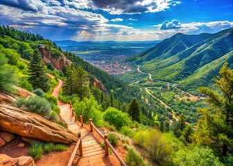 Breathtaking views along the Manitou Springs Incline Trail, where vibrant greenery meets rugged rock formations, creating a stunning backdrop for outdoor enthusiasts and nature lovers alike.