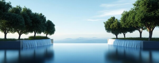 Cascading waterfall into a calm pond, surrounded by trees, 3D illustration