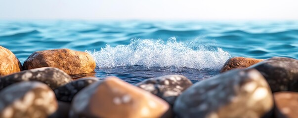 Close-up of water crashing over rocks, fine mist rising, 3D illustration