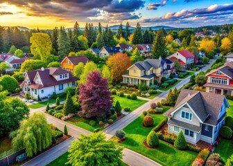 Obraz premium Charming Residential Neighborhood with Cozy Homes Surrounded by Lush Greenery and Urban Landscape