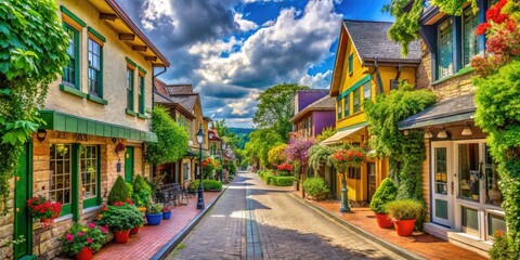 Fototapeta premium Charming Small Town Street with Quaint Shops and Lush Greenery Under a Clear Blue Sky