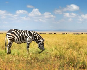 Fototapeta premium Zebra Grazing on Grass in the African Plains with Herd in Background under Bright Cloudless Sky