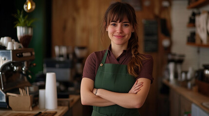 Young barista wearing a green apron, smiling warmly with arms crossed, standing in a cozy coffee shop filled with coffee equipment and decor.
