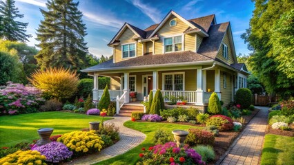 Naklejka premium Charming suburban house exterior featuring a well-maintained garden and inviting front porch view