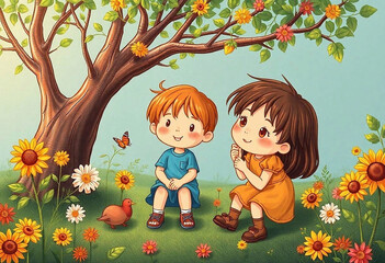 Cartoon illustration of children playing and chatting