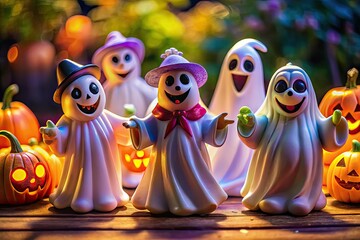 Fototapeta premium Charming ghost characters in lively poses, ideal for Halloween celebrations and spooky-themed events, embodying playful spirits that bring joy and mystery to the season.