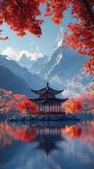Fototapeta premium A serene landscape featuring a traditional pavilion surrounded by vibrant red autumn foliage