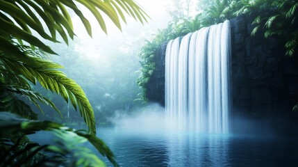 Serene waterfall in a lush jungle, exotic plants and misty air, 3D illustration