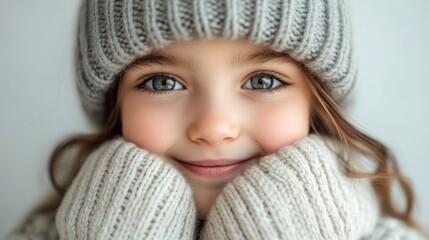 A cheerful girl in a cozy knitted hat and sweater, smiling warmly while holding her chin