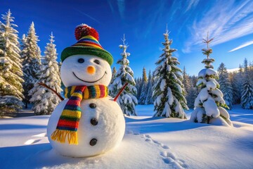 Fototapeta premium Cheerful Snowman Smiling in a Winter Wonderland with Snowy Trees and Clear Blue Sky Background