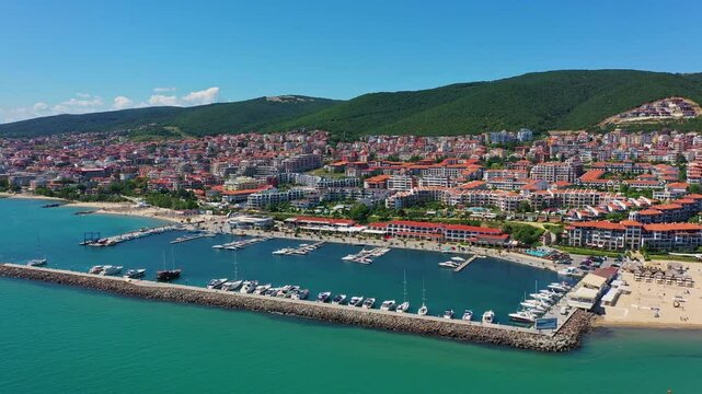 Aerial view to yacht marina Marina Dinevi in Sveti Vlas, Burgas, Bulgaria