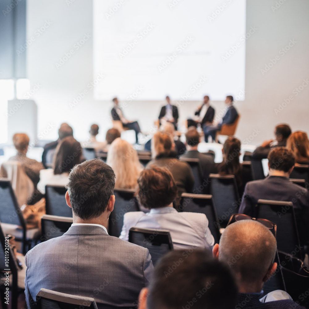 Wall mural interview and round table discussion at business convention and presentation. audience at the confer