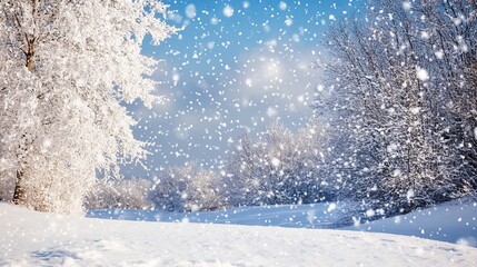 Falling snow creates a beautiful winter scene against a blue sky. The snow covers the ground and trees, creating a magical winter wonderland.