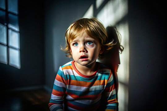 Child Experiencing Fear in Dark Room with Shadows and Strong Light Creating a Frightening Atmosphere