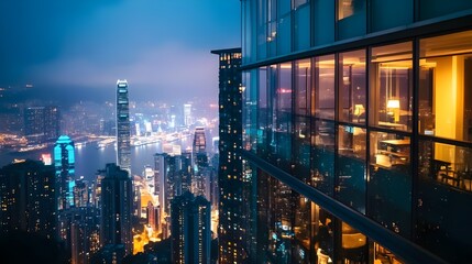 Nighttime view of a luxury restaurant with large windows overlooking a cityscape, filled with ambient lighting for an upscale dining experience.