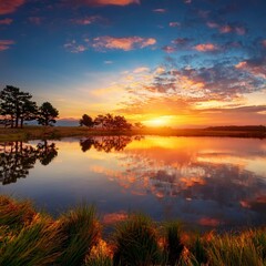 Obraz premium Tranquil Sunset Reflections: Evening Landscape Photography of a Serene Natural Scene