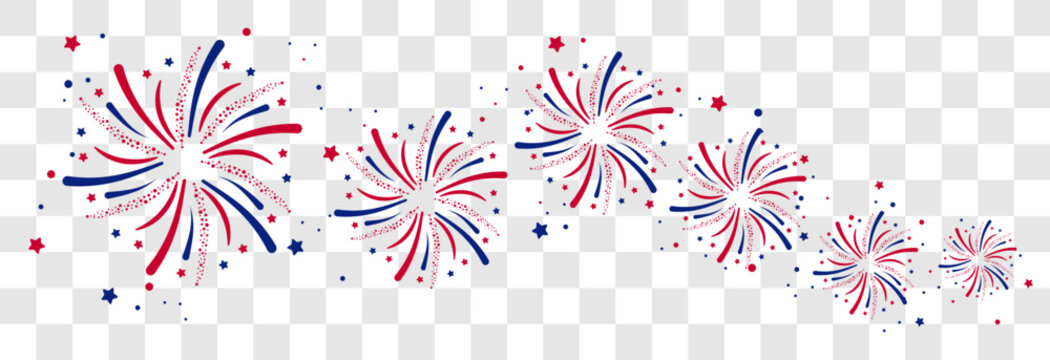 Exploding  Fireworks . Set of USA fireworks with a red and blue stars and sparks . United states of america independence day fireworks. Red, blue fireworks for 4th of July .