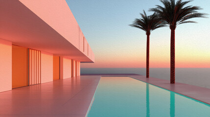 Pink Paradise: A minimalist architectural masterpiece, showcasing a sleek pink building overlooking a tranquil pool with a backdrop of swaying palm trees and a breathtaking sunset.