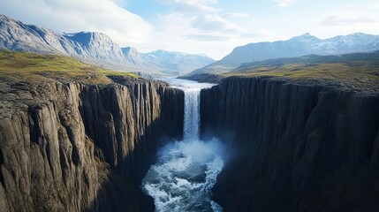 Waterfall flowing into deep ravine, rugged landscape and crashing water, 3D illustration