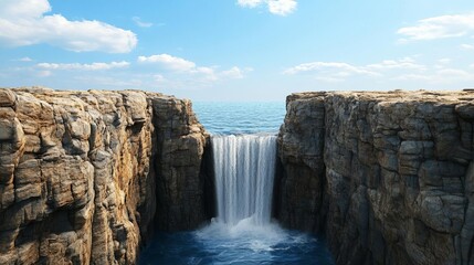 Obraz premium Waterfall flowing into deep ravine, rugged landscape and crashing water, 3D illustration