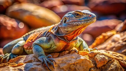 Fototapeta premium Chuckwalla Iguana Sunbathing on Rocky Terrain in Its Natural Desert Habitat Under Bright Sunlight