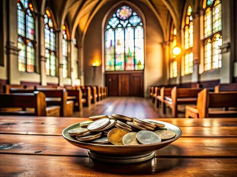 Church Offering Plate Filled with Cash and Coins on Wooden Table in a Spiritual Setting