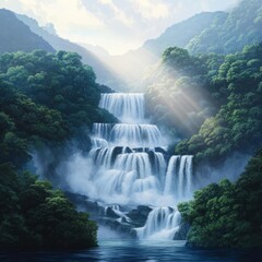 Fototapeta premium Waterfall in a misty forest, sunlight filtering through, 3D illustration