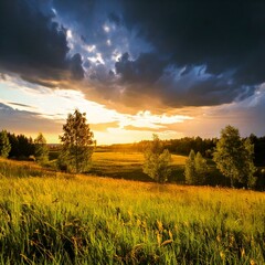 Obraz premium Dramatic Sunset Over Meadow: Summer Storm Approaches