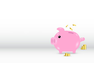 Piggy bank with gold coin stack on white studio background. Vector illustration