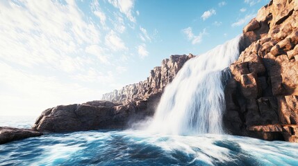 Waterfall in a rocky canyon, turbulent water and dramatic cliffs, 3D illustration