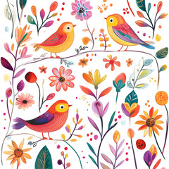 Colorful Birds Surrounded By Beautiful Blooming Flowers In A Vibrant Nature Illustration With Playful Floral Elements, Cutout, Isolated on Transparent PNG/White Background.