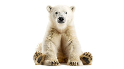 Fototapeta premium Overweight Polar Bear Cub Sitting Playfully with Paws Up on White Background
