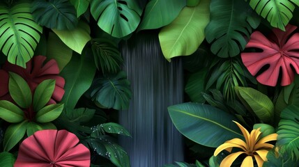 Fototapeta premium Waterfall in tropical rainforest, vibrant plants and water droplets, 3D illustration