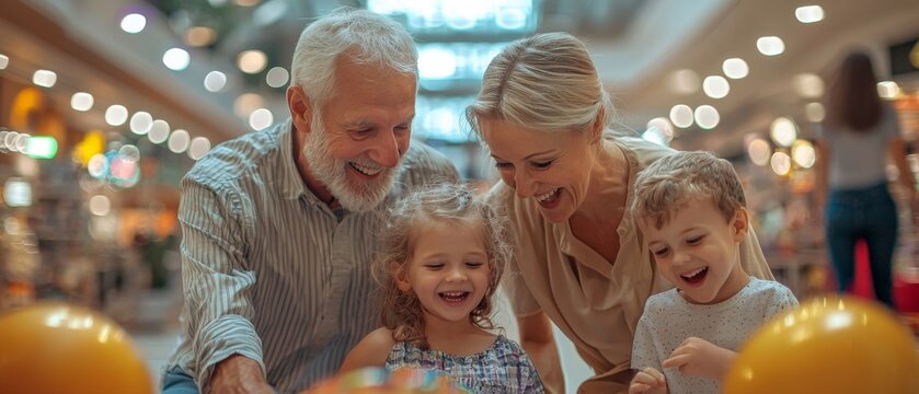 Grandparents enjoying a playful moment with their grandchildren at a shopping mall