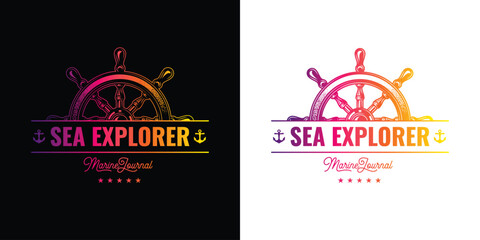 Original vector emblem of a ship steering wheel in vintage style. © artmarsa
