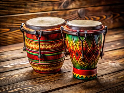 Colorful Bango Music Instrument on Wooden Surface with Traditional Design and Natural Textures
