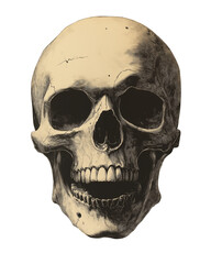 Fototapeta premium Vintage engraved skull card design png, transparent background. A skull is drawn sketch print. Illustration for cover, card, postcard, interior design, banner, poster, brochure or presentation.