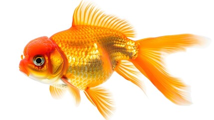 Fototapeta premium Bloated Goldfish with Large Fins Floating Serenely in Mid Water on White Background