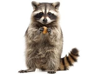 Chunky Raccoon Holding Food on Its Hind Legs Isolated on White Background