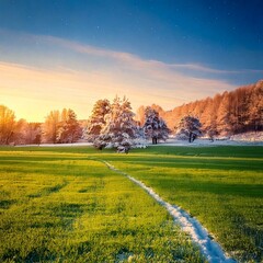 Winter Glow: Evening Landscape Over a Green Field