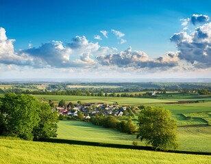 Scenic Aerial View of Village Surrounded by Fields and Trees Under Blue Sky