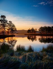 Romantic Evening by the Lake at Sunset with Blue Sky
