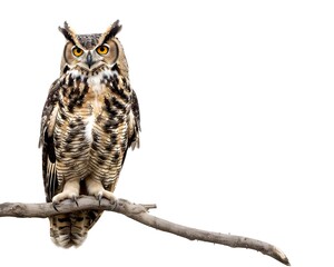 Obraz premium Plump Owl Perched on Branch Against White Background