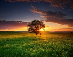 Sunset Over Green Field With Red Glow, Tree Silhouette in Fading Light
