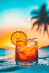 tropical tequila sunrise cocktail at sunset on the beach with palm trees swaying in the breeze. Generative AI