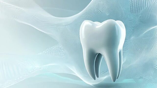 A detailed 3D model of a shiny, white tooth stands alone on a gentle light blue backdrop with copy space, showcasing dental health
