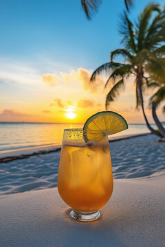 refreshing tequila sunrise cocktail on the beach with palm trees at sunset, capturing tropical relaxation. Generative AI